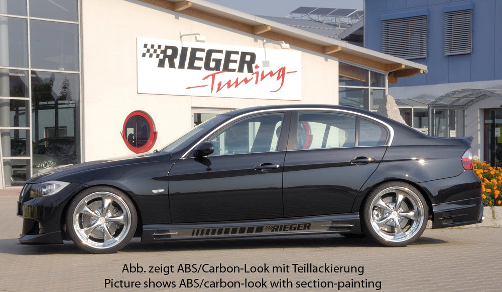 BMW 3er E90 Rieger Seitenschweller  links, mit Schacht und 2 Ausschnitten, ABS, Carbon-Look, 
inkl. Alugitter, Gutachten, Montagezubehör