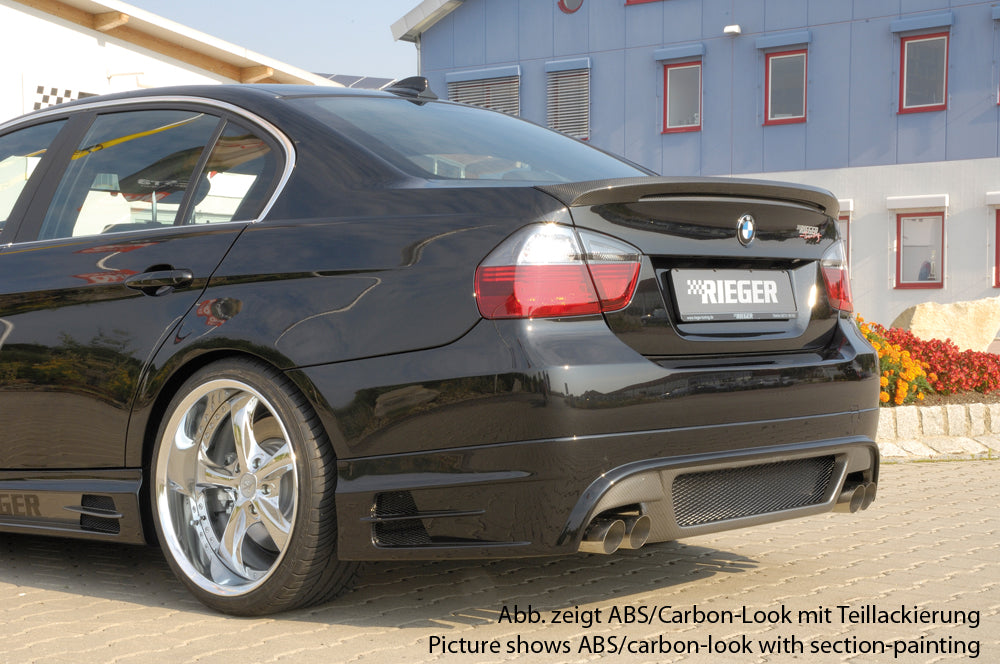 BMW 3er E90 Rieger Heckschürzenansatz -> nicht für 335i! nicht für M-Paket-Heckschürze! für Doppelendrohr li. u. re., ABS, Carbon-Look, 
inkl. Alugitter, Gutachten, Montagezubehör