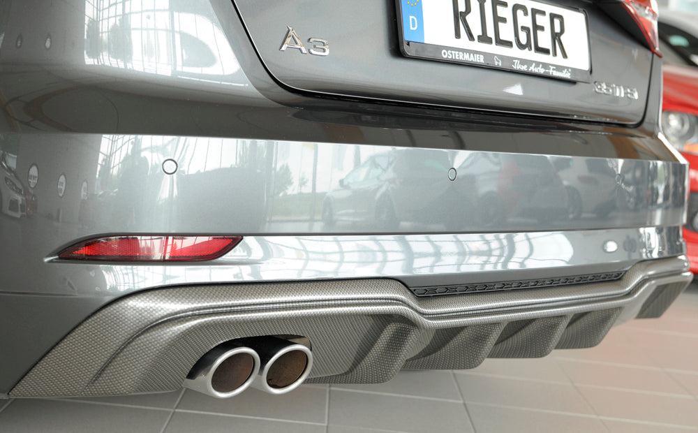 Audi A3 (8V) Rieger Heckeinsatz  für Doppelendrohr li., ABS, Carbon-Look, für Fzg. mit S-Line Exterieur, 
inkl. Montagezubehör, Gutachten