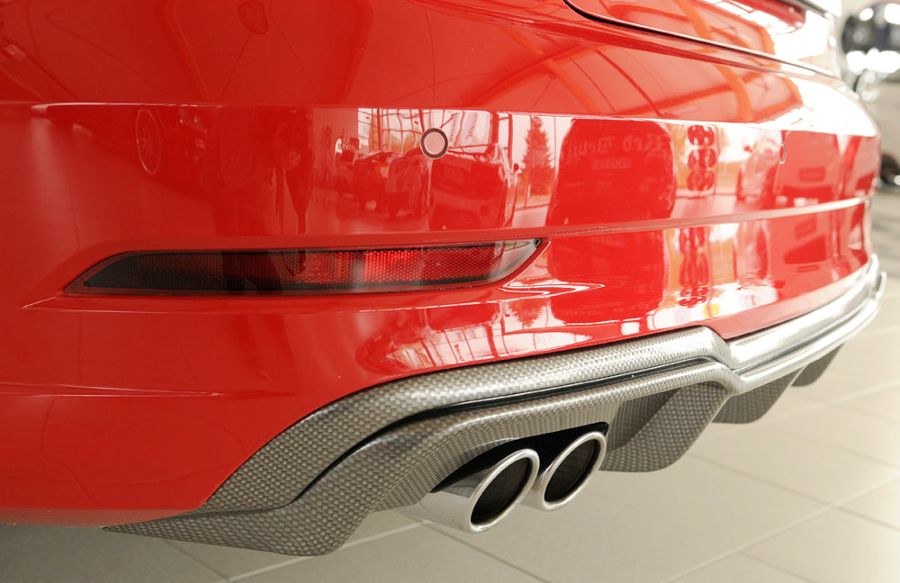 Audi A3 (8V) Rieger Heckeinsatz  für Doppelendrohr li., ABS, Carbon-Look, für Fzg. mit S-Line Exterieur, 
inkl. Montagezubehör, Gutachten