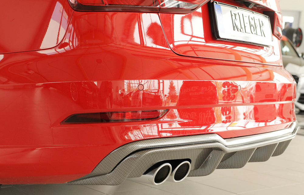 Audi A3 (8V) Rieger Heckeinsatz  für Doppelendrohr li., ABS, Carbon-Look, für Fzg. mit S-Line Exterieur, 
inkl. Montagezubehör, Gutachten