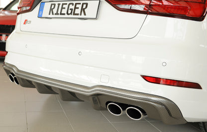 Audi A3 S3 (8V) Rieger Heckeinsatz nur S3 (8V) Limousine / Cabrio für orig. Doppelendrohr li u. re, (4x90x72mm oval), ABS, Carbon-Look, für Fzg. mit S-Line Exterieur, 
inkl. Montagezubehör, Gutachten