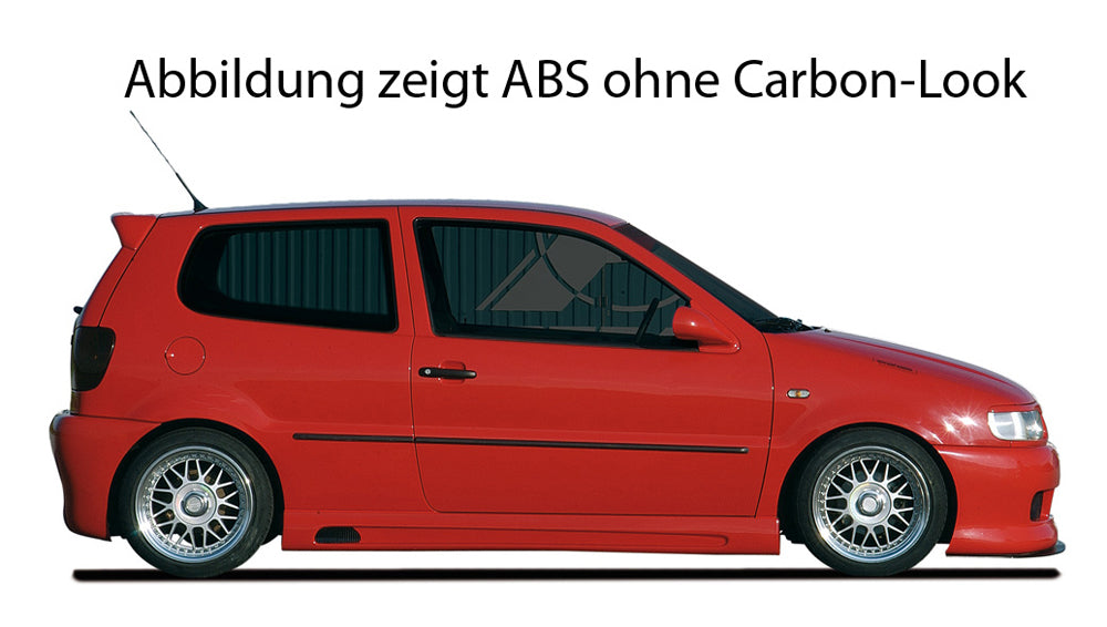 VW Polo 4 (6N) Rieger Seitenschweller   -> auch Polo 4 (6N2) links, mit Schacht, mit Ausschnitt, ABS, Carbon-Look, 
inkl. Alugitter, Gutachten, Montagezubehör