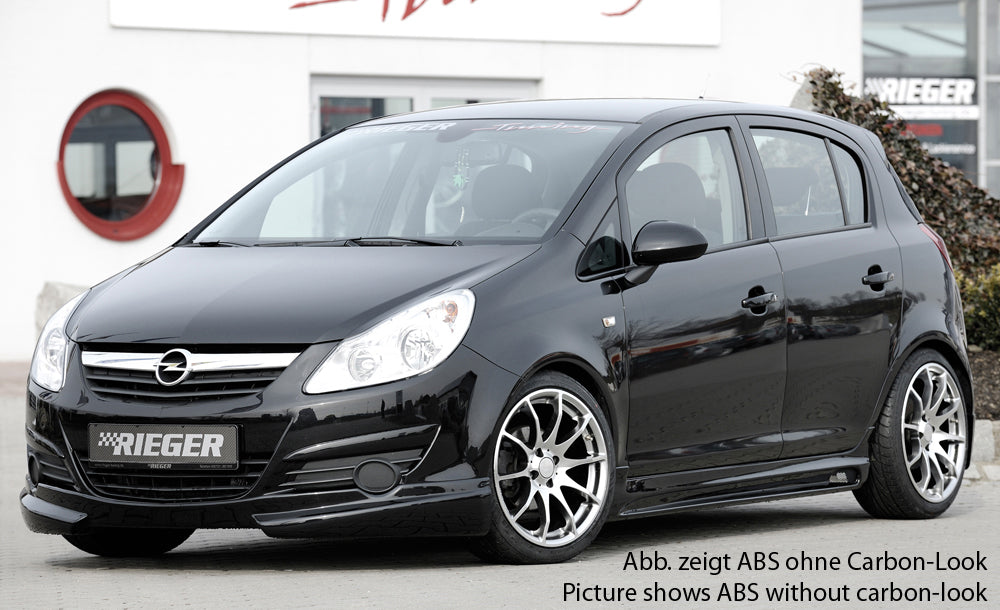 Opel Corsa D Rieger Seitenschweller  rechts, mit Schacht, mit Ausschnitt, ABS, Carbon-Look, 
inkl. Alugitter, Montagezubehör, Gutachten