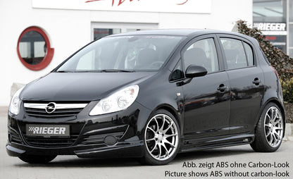 Opel Corsa D Rieger Seitenschweller  rechts, mit Schacht, mit Ausschnitt, ABS, Carbon-Look, 
inkl. Alugitter, Montagezubehör, Gutachten
