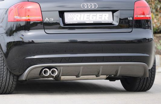 Audi A3 (8P) Rieger Heckeinsatz  für Doppelendrohr li., (2x76mm ø), ABS, Carbon-Look, für Fzg. mit S-Line Exterieur und ohne S-Line Exterieur, 
inkl. Montagezubehör, Gutachten