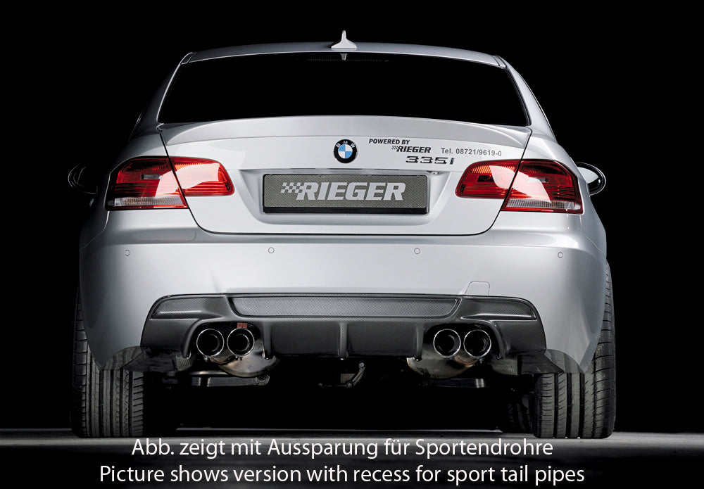 BMW 3er E92 Rieger Heckeinsatz Nur für 335i / 335d für orig. Endrohr li. u. re., ABS, Carbon-Look, für Fzg. mit M-Technik, 
inkl. Montagezubehör, Gutachten