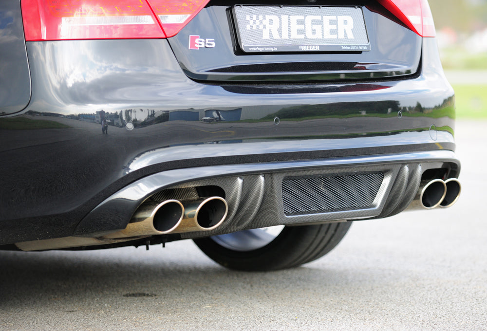 Audi A5 (B8/B81) Rieger Heckeinsatz  für Doppelendrohr li. u. re., (4x115x85mm oval), ABS, Carbon-Look, für Fzg. mit S-Line Exterieur, 
inkl. Alugitter, Montagezubehör, Gutachten