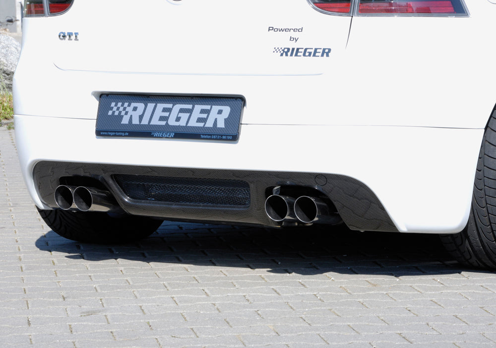 VW Golf 5 Rieger ESD, rechts, links, mit Prägung, seitl. ver Typ 17 2,0l TFSI 147kW/169 kW rechts, links, mit Prägung, seitl. versetzt, für RIEGER-Heckansatz, 2x76mm, Edelstahl, 
Gutachten