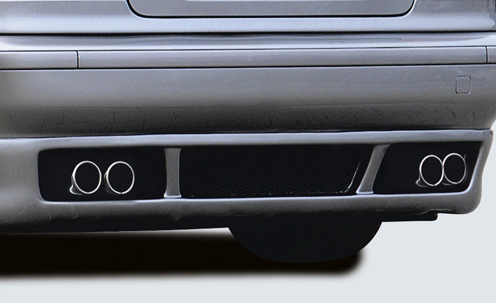 BMW 5er E39 Rieger ESD, seitl. versetzt, mit Prägung, Typ 12 für 5er BMW E39  520i/523i/525i/528i/530i seitl. versetzt, mit Prägung, für RIEGER-Heckansatz, 4x76mm, Edelstahl, 
Gutachten