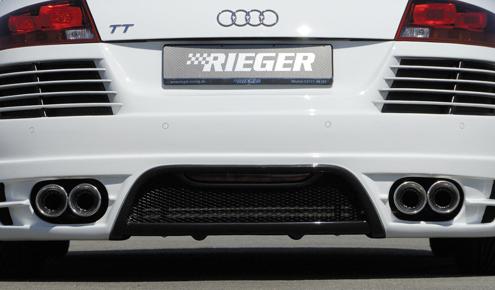 Audi TT (8J) Rieger ESD Audi TT (8J), nur 3,2 V6 184kW Typ 17, li./re. je Seite 2x100mm links, rechts, seitl. versetzt, mit Absorber, 2x100mm, für RIEGER-Heckansatz, 
Edelstahl, Inklusive Montagematerial, Gutachten,