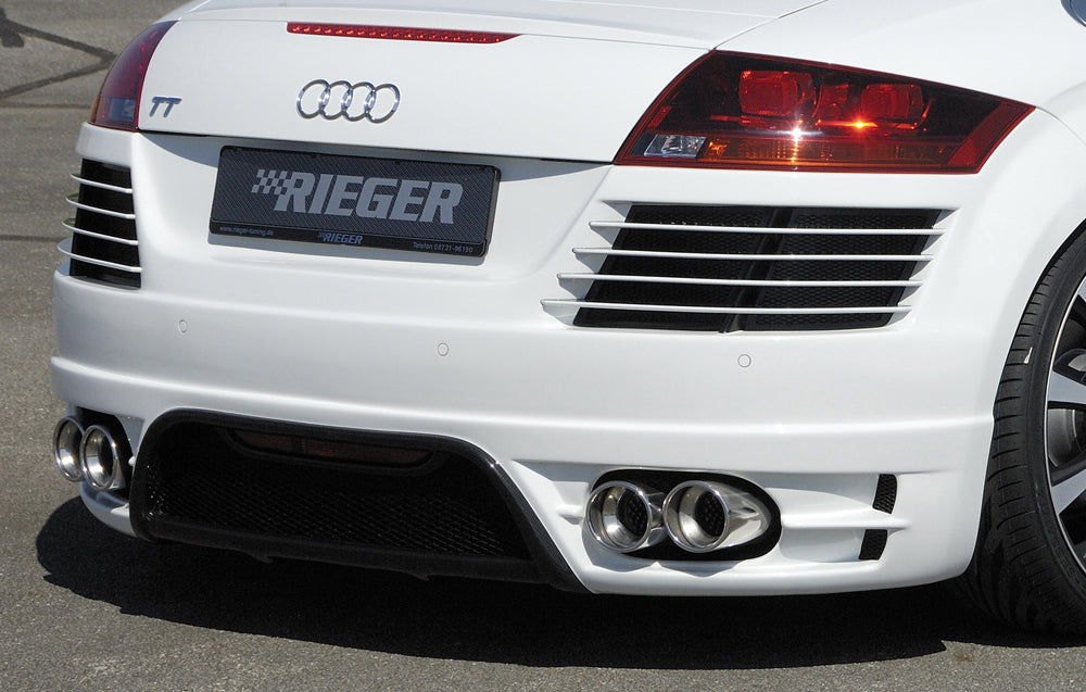 Audi TT (8J) Rieger ESD Audi TT (8J), nur 3,2 V6 184kW Typ 17, li./re. je Seite 2x100mm links, rechts, seitl. versetzt, mit Absorber, 2x100mm, für RIEGER-Heckansatz, 
Edelstahl, Inklusive Montagematerial, Gutachten,