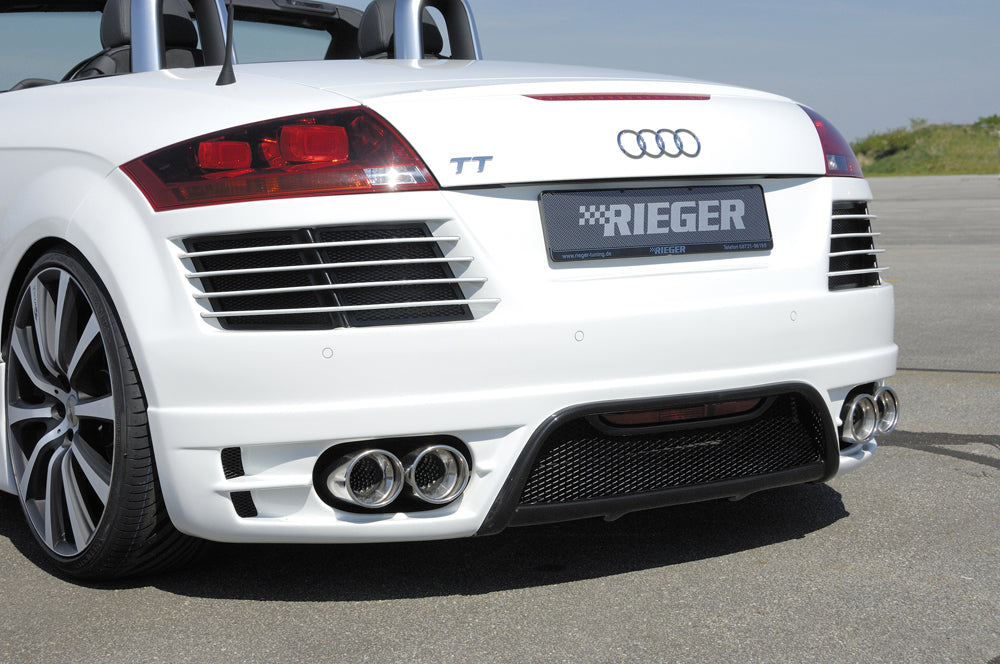 Audi TT (8J) Rieger ESD Audi TT (8J), nur 3,2 V6 184kW Typ 17, li./re. je Seite 2x100mm links, rechts, seitl. versetzt, mit Absorber, 2x100mm, für RIEGER-Heckansatz, 
Edelstahl, Inklusive Montagematerial, Gutachten,