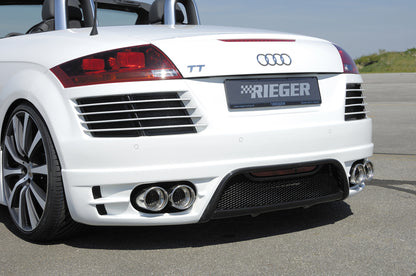 Audi TT (8J) Rieger ESD Audi TT (8J), nur 3,2 V6 184kW Typ 17, li./re. je Seite 2x100mm links, rechts, seitl. versetzt, mit Absorber, 2x100mm, für RIEGER-Heckansatz, 
Edelstahl, Inklusive Montagematerial, Gutachten,