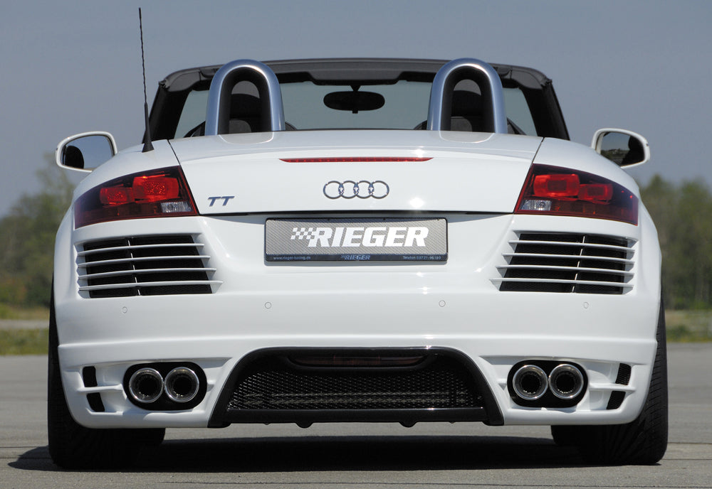 Audi TT (8J) Rieger ESD Audi TT (8J), nur 3,2 V6 184kW Typ 17, li./re. je Seite 2x100mm links, rechts, seitl. versetzt, mit Absorber, 2x100mm, für RIEGER-Heckansatz, 
Edelstahl, Inklusive Montagematerial, Gutachten,