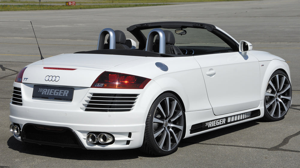 Audi TT (8J) Rieger ESD Audi TT (8J), nur 3,2 V6 184kW Typ 17, li./re. je Seite 2x100mm links, rechts, seitl. versetzt, mit Absorber, 2x100mm, für RIEGER-Heckansatz, 
Edelstahl, Inklusive Montagematerial, Gutachten,