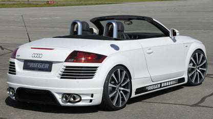 Audi TT (8J) Rieger ESD Audi TT (8J), nur 3,2 V6 184kW Typ 17, li./re. je Seite 2x100mm links, rechts, seitl. versetzt, mit Absorber, 2x100mm, für RIEGER-Heckansatz, 
Edelstahl, Inklusive Montagematerial, Gutachten,