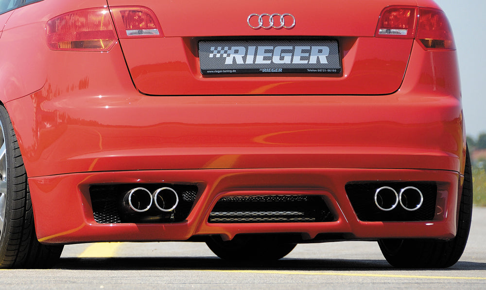 Audi A3 (8P) Rieger ESD, Typ 16, A3 (8P) Sportback 1,6l 75/85kW 2.0l 110kW 1.9l TDI 74/77kW 2.0l TDI 103kW rechts, links, seitl. versetzt, 4x90mm, für RIEGER-Heckansatz, Edelstahl, 
inkl. Gutachten