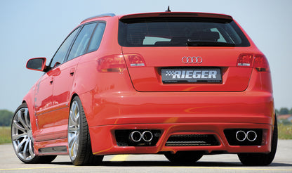 Audi A3 (8P) Rieger ESD, Typ 16, A3 (8P) Sportback 1,6l 75/85kW 2.0l 110kW 1.9l TDI 74/77kW 2.0l TDI 103kW rechts, links, seitl. versetzt, 4x90mm, für RIEGER-Heckansatz, Edelstahl, 
inkl. Gutachten