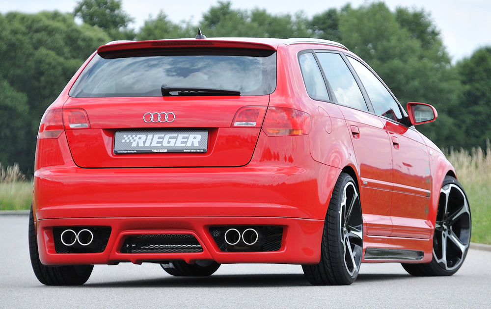 Audi A3 (8P) Rieger ESD, Typ 16, A3 (8P) Sportback 1,6l 75/85kW 2.0l 110kW 1.9l TDI 74/77kW 2.0l TDI 103kW rechts, links, seitl. versetzt, 4x90mm, für RIEGER-Heckansatz, Edelstahl, 
inkl. Gutachten