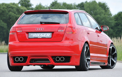 Audi A3 (8P) Rieger ESD, Typ 16, A3 (8P) Sportback 1,6l 75/85kW 2.0l 110kW 1.9l TDI 74/77kW 2.0l TDI 103kW rechts, links, seitl. versetzt, 4x90mm, für RIEGER-Heckansatz, Edelstahl, 
inkl. Gutachten