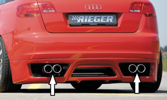 Audi A3 (8P) Rieger ESD, Typ 16, A3 (8P) Sportback 1,6l 75/85kW 2.0l 110kW 1.9l TDI 74/77kW 2.0l TDI 103kW rechts, links, seitl. versetzt, 4x90mm, für RIEGER-Heckansatz, Edelstahl, 
inkl. Gutachten