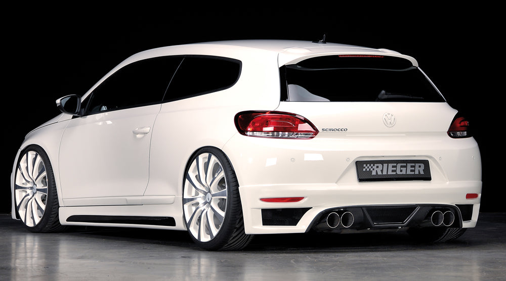 VW Scirocco 3 (13) Rieger ESD, 4x90mm Typ 14, ohne Siebrohreinsatz -092 VW Scirocco 2,0l TFSI 147/155kW 2,0l TDI103kW links, rechts, 4x90mm, ohne Siebrohr, seitl. versetzt, mit Prägung, für RIEGER Heckansatz u. -einsatz, Edelstahl, 
inkl. Gutachten