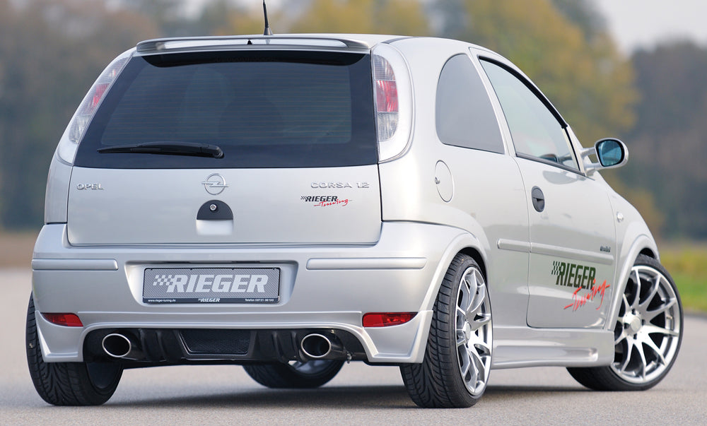 Opel Corsa C Rieger ESD, li./re. je115x85mm, Typ 32 Opel Corsa C, 1,0l 43/44kW 1,2l 55/59 kW....... links, rechts, 1x115x85mm, für RIEGER-Heckansatz, Edelstahl, 
inkl. Montagezubehör, Gutachten