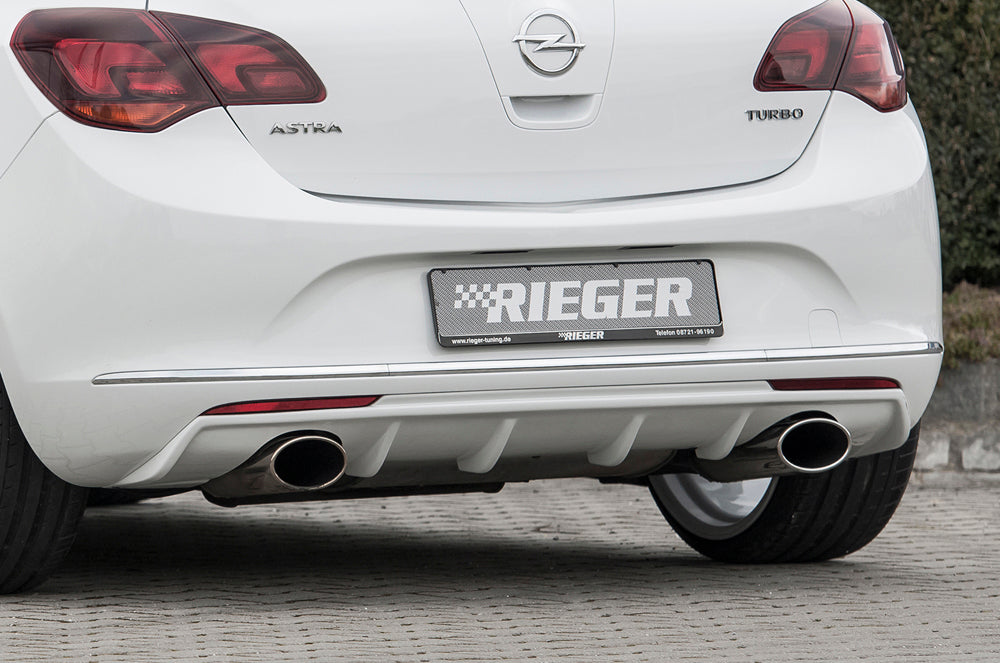 Opel Astra J Fox ESD quer Ausgang L/R 1x140x90mm Typ 32 Opel Astra J, nur Turbo-Modelle,  1.6l 132 kW links, rechts, oval, mit Prägung, eingerollt, 1x140x90mm, für RIEGER-Heckeinsatz, Edelstahl, 
inkl. Montagezubehör, Gutachten
