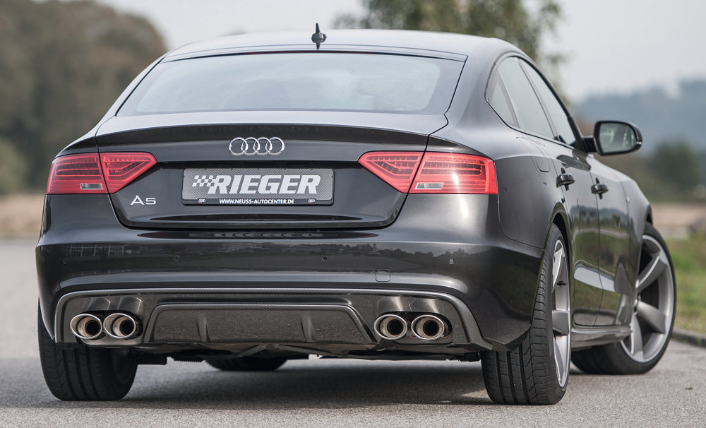 Audi A5 (B8/B81) Rieger ESD links/rechts, Audi A5 (B8) Sportback 2.0 TFSI 132/155 kW 2.7 TDI 140kW  3.0 TDI 176kW 4x115x85mm, für RIEGER-Heckansatz, für RIEGER-Heckeinsatz, links, rechts, Edelstahl, 
inkl. Montagezubehör, Gutachten