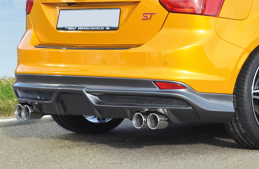 Ford Focus 3 ST Wolf Heckschürzenansatz  W1218646  mit Gittereinsatz li./re., für Doppelendrohr li. u. re., (4x90mm ø), ABS, Carbon-Look, 
inkl. Alugitter, Montagezubehör, Gutachten
