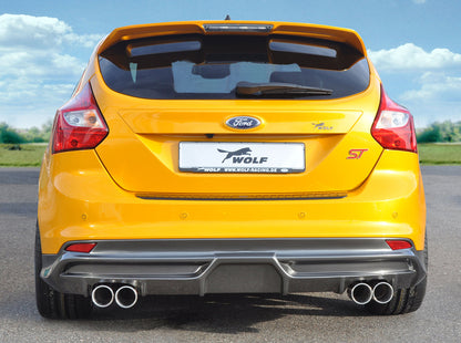 Ford Focus 3 ST Wolf Auspuffanlage ab Turbo m. Doppelendrohr li/re 4x90mm, Ford Focus 3 ST, 2,0i Eco-Boost 184kW links, rechts, (4x90mm ø), Edelstahl, 
inkl. Montagezubehör, Gutachten