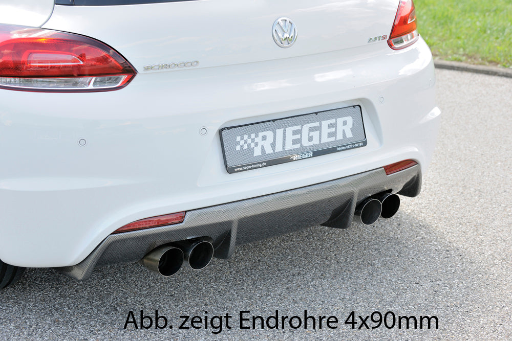 VW Scirocco 3 (13) Rieger ESD, 4x80mm Typ 14,  ohne Siebrohreinsatz VW Scirocco  1.4l TSI 90/118kW 2x80mm, links, rechts, seitl. versetzt, mit Prägung, ohne Siebrohr, für RIEGER Heckansatz u. -einsatz, Edelstahl, 
inkl. Gutachten