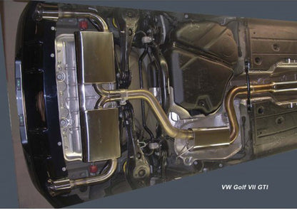 VW Golf 7 GTI BN-Pipes Auspuffanlage, VW Golf 7  GTI  li./re. je 1x100mm, 20° schräg, Doppelwandig 70mm Rohrführung 
Optimal geeignet für Leistungsgesteigerte Fahrzeuge 
Bestehend aus Vor- und Endschalldämpfer 
EG-Genehmigung (Eintragungsfrei)
Edelstahl