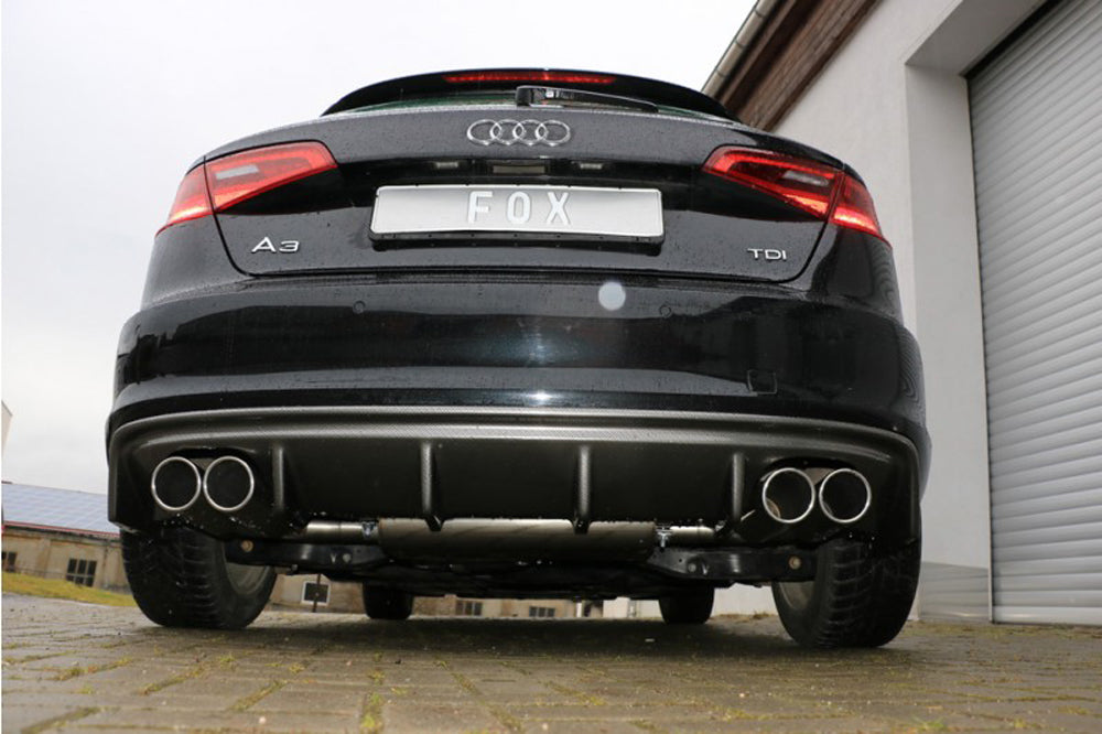 Audi A3 (8V) Fox ESD für Audi A3 (8V), li./re. 4x90mm, Typ 16 1,4l TFSI 90/92/103/110kW  nur Sportback links, rechts, 4x90mm, Edelstahl,
Typ 16: rund, eingerollt, 15° schräg,
Rohrquerschnitt:	 70mm
inkl. EG-Gutachten (eintragungsfrei)