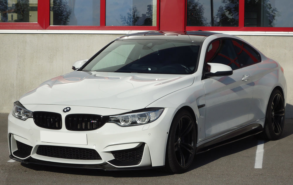 BMW 3er F80 M3 (M3) Carbon Spoilerschwert für BMW M4 F82/F83 u. M3 F80 für orig Frontschürze (ohne M-Performance-Aufsatz) gekantete Version, für orig. Frontschürze, Carbon, 
inkl. Montagezubehör, Gutachten