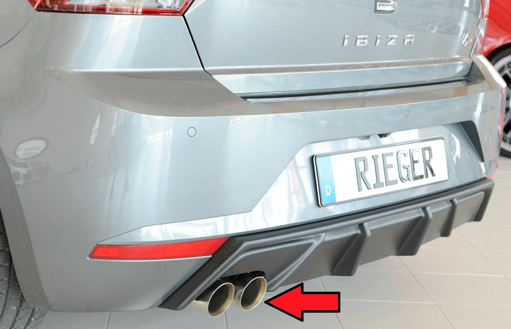 Friedrich Sport-ESD 2x76mm links, Seat Ibiza (KJ) inkl FR, 1.5l TSI 110kW mit Endrohrvariante: -89 (links)
Endrohr:  2x 76mm rund, abgeschrägt, in der Länge versetzt,
Für Fzg. mit RIEGER Heckeinsatz.
Edelstahl, (mit EG-Betriebserlaubnis)
.