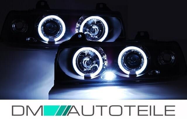 Set Angel Eyes Scheinwerfer Schwarz H1 passt für BMW E36 Bj 90-99 Limousine Touring