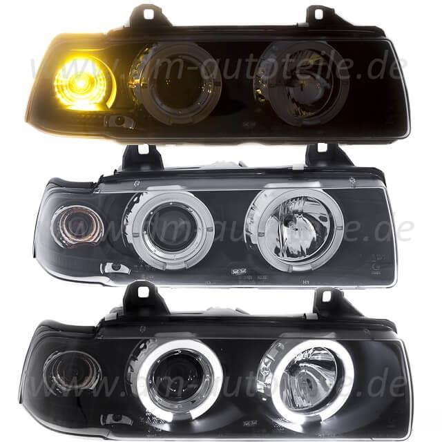 Set Angel Eyes Scheinwerfer Schwarz H1 passt für BMW E36 Bj 90-99 Limousine Touring