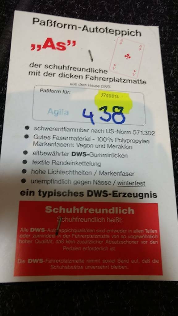 Agila Fußmatten Teppich Ripp Original Zimmer Opel NEU