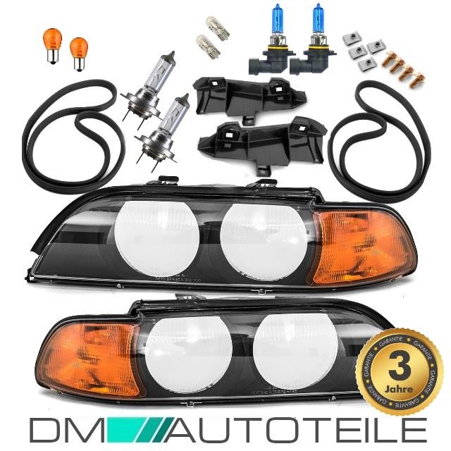 2x SCHEINWERFER Schwarz HB3/H7+Blinker Orange+8tlg. Set Birnen passt für BMW E39