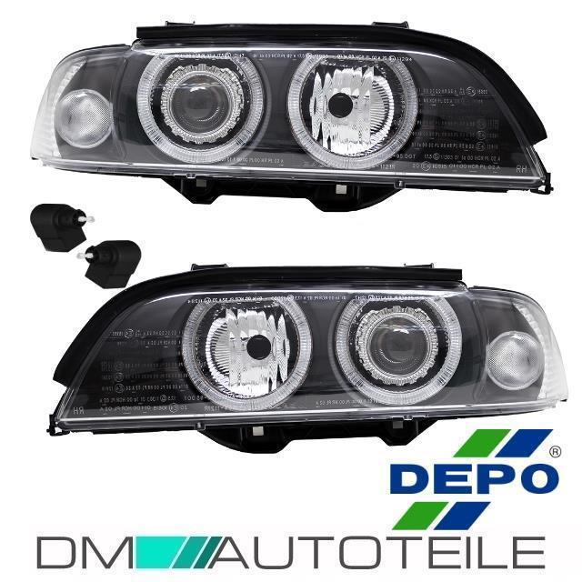 2x SCHEINWERFER Angel Eyes Schwarz passt BMW E39 95-00 H7/H7+Blinker Weiß+Motor