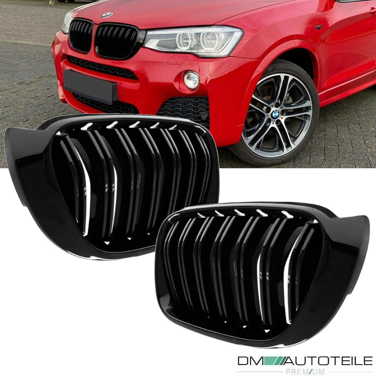 Set Doppelsteg Kühlergrill Front Grill schwarz Glanz lackiert passt für BMW X3 F25 X4 F26 bj 14-18