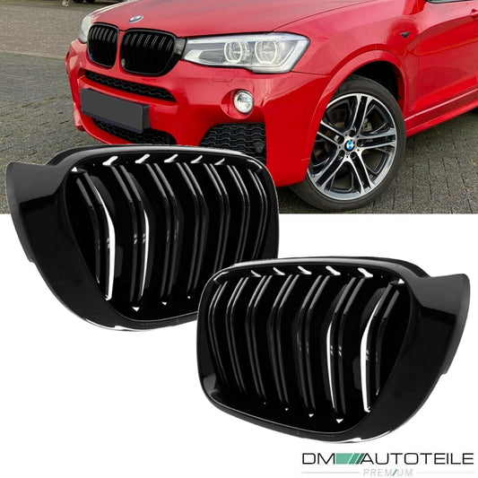 Set Doppelsteg Kühlergrill Front Grill schwarz Glanz lackiert passt für BMW X3 F25 X4 F26 bj 14-18