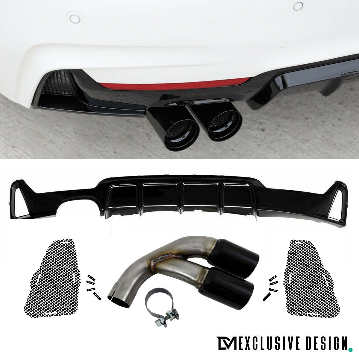 DM Exklusive Performance schwarz glanz ESD Blende Auspuff +Diffusor Umrüstung 2-Rohr links+ABE passt für BMW 4er F32 F33 F...