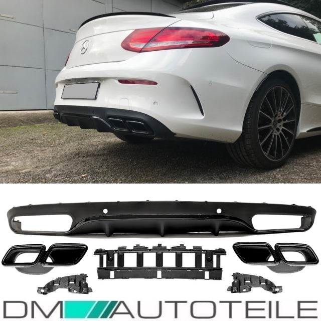 SET Heckdiffusor Schwarz Hochglanz + Blenden passend für Mercedes C-Klasse Coupe C205 A205 ab 15-18 AMG Sport