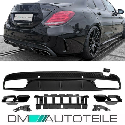 SET Heckdiffusor Schwarz Hochglanz + Blenden passend für Mercedes C-Klasse W205 S205 14-18 AMG Sport