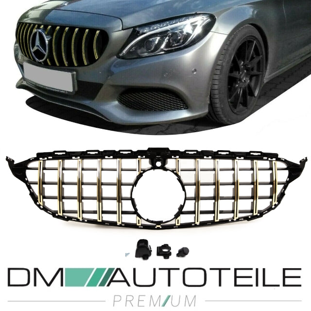 Sport-Panamerica GT Kühlergrill Schwarz Gold passt für Mercedes C-Klasse W205 14-18 + 360° Kamera