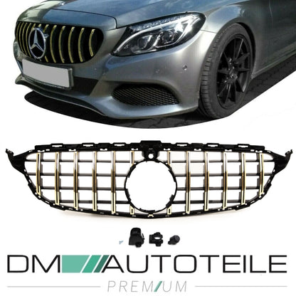 Sport-Panamerica GT Kühlergrill Schwarz Gold passt für Mercedes C-Klasse W205 14-18 + 360° Kamera