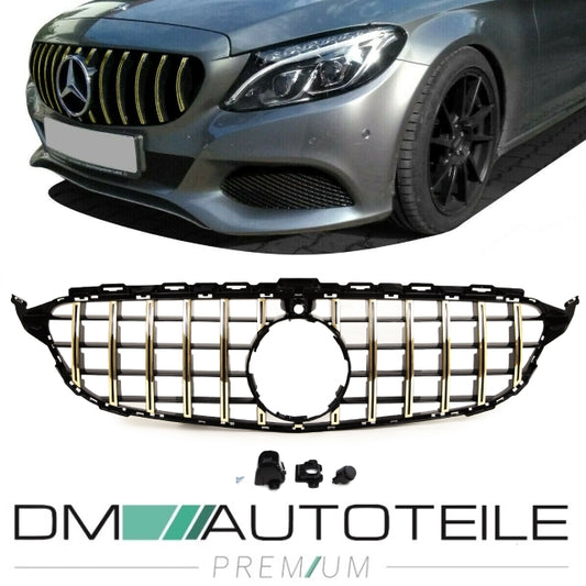 Sport-Panamerica GT Kühlergrill Schwarz Gold passt für Mercedes C-Klasse W205 14-18 + 360° Kamera